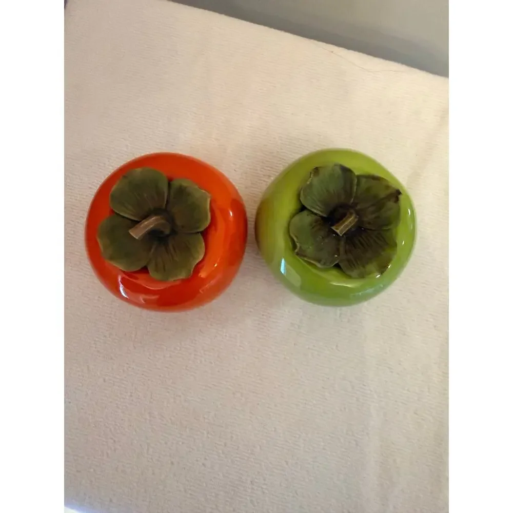 2PCS Kitchen Gift Persimmon Shaped Ceramic Storage Jar (Orange, Green) NWOT